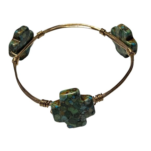 Cross Wire Bangle Bracelet Mosaic Turquoise Howlite Stone Religious Jewelry - Picture 1 of 4
